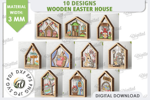 Wooden Easter Houses Laser Cut Bundle. Easter Decor SVG SVG Evgenyia Guschina 