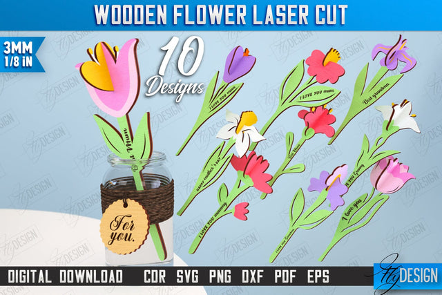 Wooden Flowers Bundle | Eternal Flowers | Wooden Bouquet | Gift Idea | CNC Files SVG Fly Design 