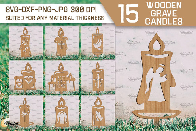 Wooden Grave Candles SVG Bundle. Garden Stakes Laser Cut SVG Evgenyia Guschina 