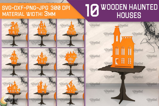 Wooden Haunted Houses Laser Cut Bundle. Halloween Decor SVG SVG Evgenyia Guschina 