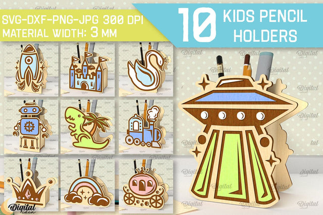 Wooden Kids Pencil Holders Laser Cut Bundle. Pen Holders SVG SVG Evgenyia Guschina 
