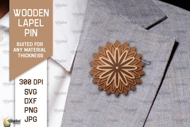 Wooden Lapel Pin Laser Cut. Wooden Flower Lapel Pin SVG SVG Evgenyia Guschina 