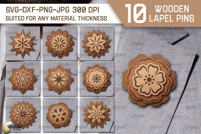 Wooden Lapel Pins Laser Cut Bundle. Wooden Flower Lapel Pins SVG Evgenyia Guschina 