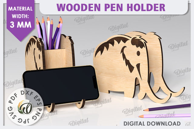 Wooden Mammoth Pen Holder Laser Cut. Phone Stand SVG SVG Evgenyia Guschina 