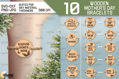 Wooden Mother's Day Bracelets SVG Bundle. Bracelets Laser Cut SVG Evgenyia Guschina 