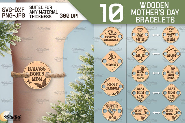 Wooden Mother's Day Bracelets SVG Bundle. Bracelets Laser Cut SVG Evgenyia Guschina 