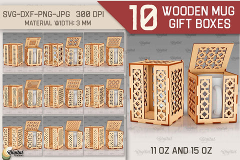 Wooden Mug Gift Boxes Laser Cut Bundle. Mug Boxes SVG SVG Evgenyia Guschina 