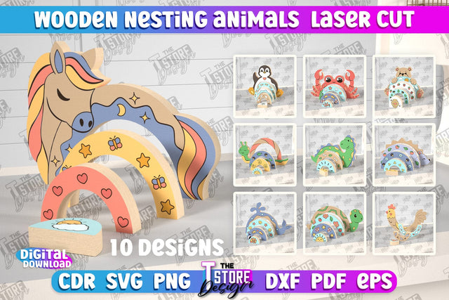Wooden Nesting Animals Bundle | Nesting Toy | Rainbow | New Born Gift | Educational Game | CNC File SVG The T Store Design 