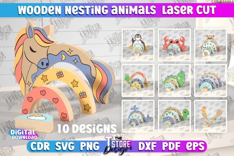 Wooden Nesting Animals Bundle | Nesting Toy | Rainbow | New Born Gift | Educational Game | CNC File SVG The T Store Design 
