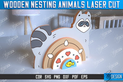 Wooden Nesting Raccoon | Nesting Toy | Rainbow | New Born Gift | Educational Game | CNC File SVG Fly Design 