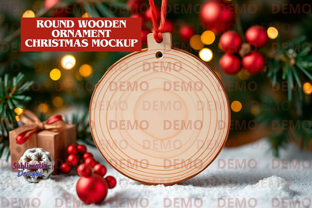 Wooden Ornament Christmas Mockup | Christmas mockup with round wooden ornament for Christmas tree Mock Up Photo Sublimatiz Designs 