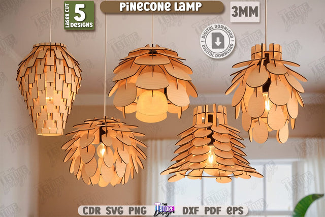 Wooden Pinecone Pendant Lamp Laser Cut Bundle | Home Decor SVG | Hanging Lamp | Living Room Décor | Modern Lighting | 3D Laser | CNC Files SVG The T Store Design 