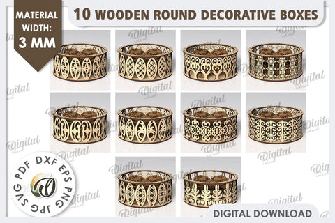 Wooden Round Decorative Boxes Laser Cut Bundle. 3D Boxes SVG SVG Evgenyia Guschina 