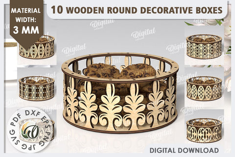 Wooden Round Decorative Boxes Laser Cut Bundle. 3D Boxes SVG SVG Evgenyia Guschina 