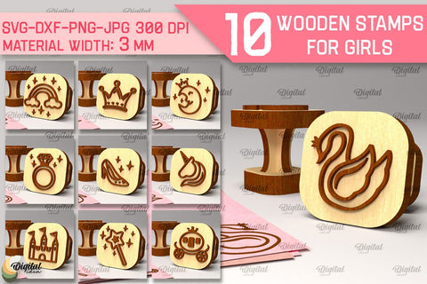 Wooden Stamps for Girls Laser Cut Bundle. Cartoon Wooden Stamps SVG Evgenyia Guschina 