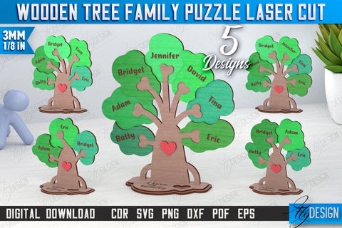 Wooden Tree Family Puzzle Laser Cut Bundle | Family Tree with Name | CNC Files SVG Fly Design 