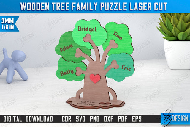 Wooden Tree Family Puzzle Laser Cut | Family Tree with Name | CNC File SVG Fly Design 