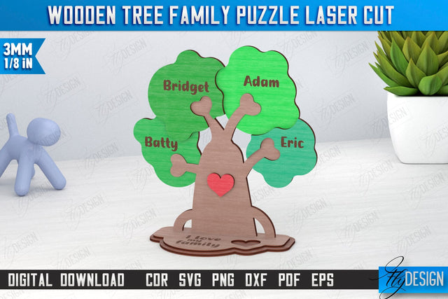 Wooden Tree Family Puzzle Laser Cut | Family Tree with Name | CNC File SVG Fly Design 