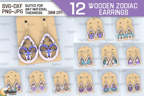 Wooden Zodiac Earrings Laser Cut Bundle. Teardrop Earrings SVG SVG Evgenyia Guschina 