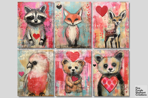 Woodland Animals Valentine Digital Junk Journal Kit Half Pages Digital Pattern Fine Purple Elephant Creations 