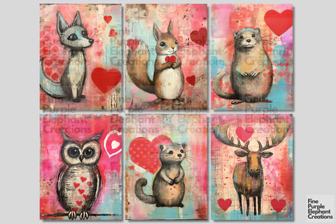 Woodland Animals Valentine Digital Junk Journal Kit Half Pages Digital Pattern Fine Purple Elephant Creations 