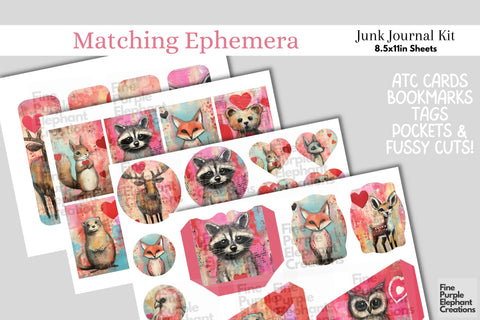 Woodland Animals Valentine Digital Junk Journal Kit Half Pages Digital Pattern Fine Purple Elephant Creations 