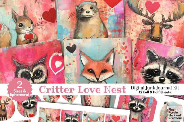 Woodland Animals Valentine Digital Junk Journal Kit Half Pages Digital Pattern Fine Purple Elephant Creations 