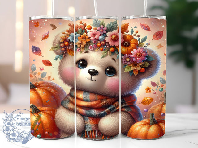 Woodland Bear Autumn Tumbler Wrap, Cute Tumbler Wrap, Woodland Animal Png, Autumn Tumbler Png, 20oz Skinny Tumbler, Sublimation Design, Tumbler Wrap Download Sublimation ToriDesigns 