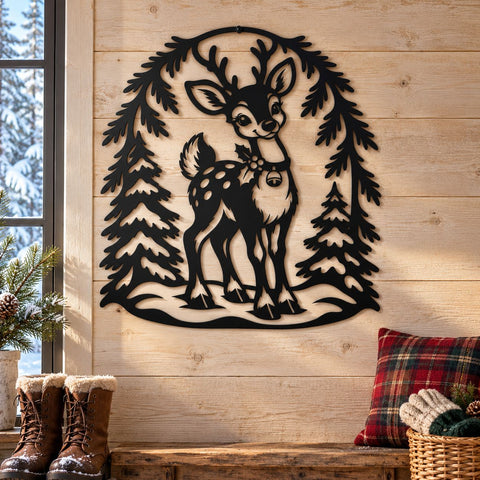 Woodland Christmas Reindeer Laser SVG | Cute Fawn with Bell DXF | Winter Forest Metal Wall Art | Holiday Plasma CNC Cutting File SVG HappyDesignStudio 