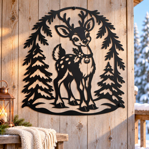 Woodland Christmas Reindeer Laser SVG | Cute Fawn with Bell DXF | Winter Forest Metal Wall Art | Holiday Plasma CNC Cutting File SVG HappyDesignStudio 