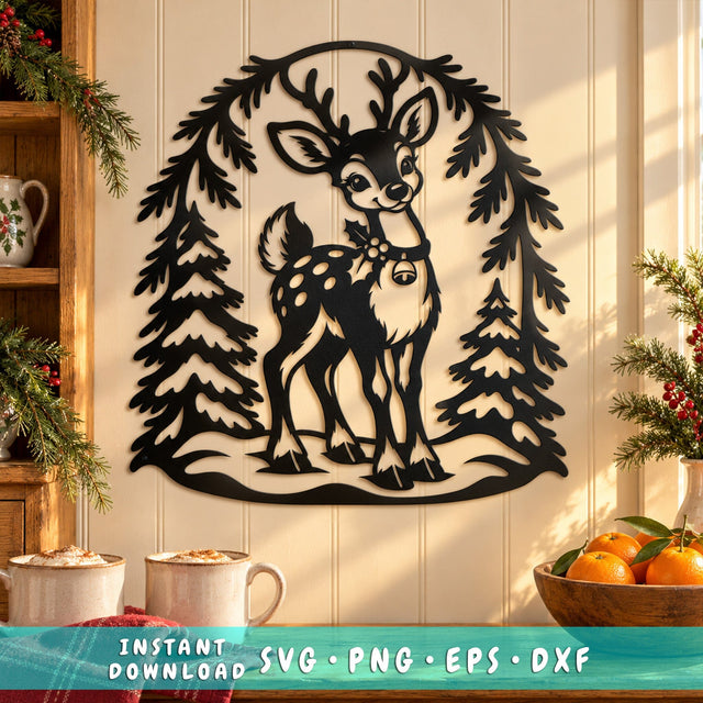 Woodland Christmas Reindeer Laser SVG | Cute Fawn with Bell DXF | Winter Forest Metal Wall Art | Holiday Plasma CNC Cutting File SVG HappyDesignStudio 