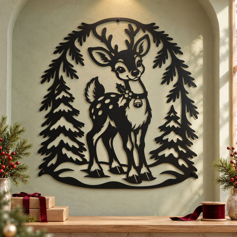 Woodland Christmas Reindeer Laser SVG | Cute Fawn with Bell DXF | Winter Forest Metal Wall Art | Holiday Plasma CNC Cutting File SVG HappyDesignStudio 