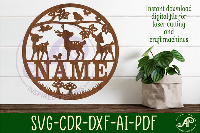 Woodland deer Name sign svg laser cut template, wall art SVG APInspireddesigns 