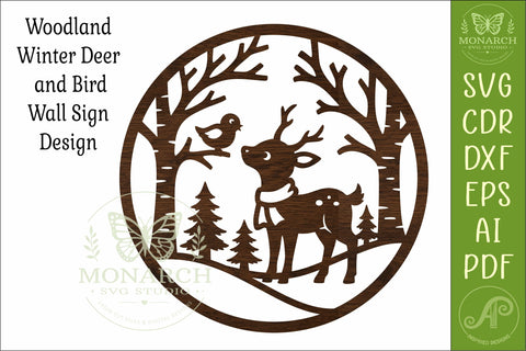 Woodland Deer Wall Sign SVG, Winter Forest Scene with Bird SVG APInspireddesigns 