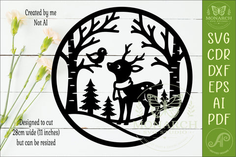 Woodland Deer Wall Sign SVG, Winter Forest Scene with Bird SVG APInspireddesigns 
