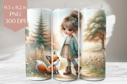 Woodland Girl and Fox Tumbler Wrap PNG Sublimation BijouBay 