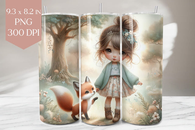 Woodland Girl and Fox Tumbler Wrap PNG Sublimation BijouBay 