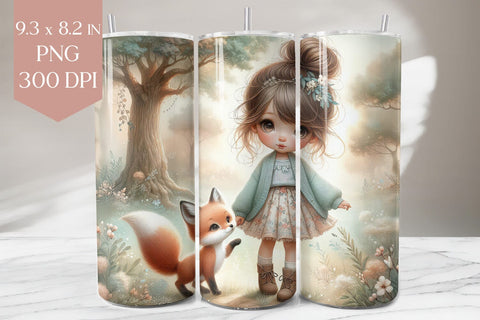 Woodland Girl and Fox Tumbler Wrap PNG Sublimation BijouBay 