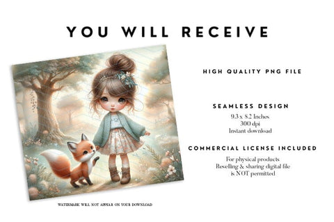 Woodland Girl and Fox Tumbler Wrap PNG Sublimation BijouBay 