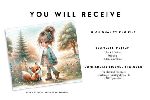 Woodland Girl and Fox Tumbler Wrap PNG Sublimation BijouBay 