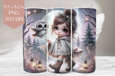 Woodland Girl and Owl Tumbler Sublimation PNG Sublimation BijouBay 