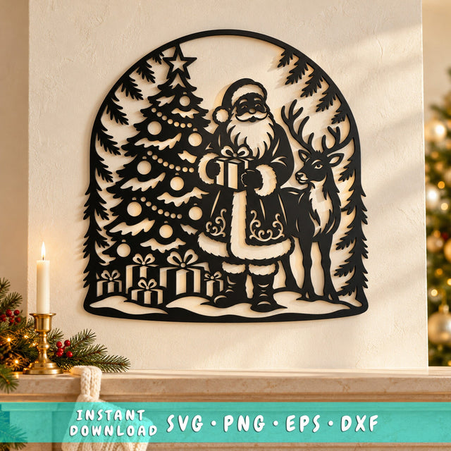 Woodland Santa Reindeer Laser SVG | Christmas Tree and Gifts DXF | Santa Claus Metal Wall Art | Holiday Plasma Cutting File SVG HappyDesignStudio 