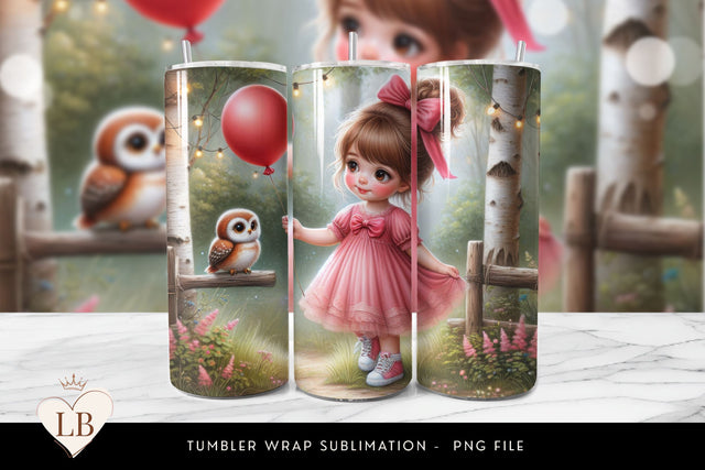 Woodland Tumbler Wrap, Messy Bun Girl with Owl and Balloon Sublimation BijouBay 