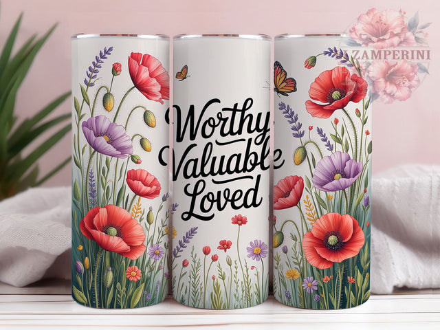 Worthy Loved Wildflowers 20oz Tumbler, Worthy Valuable Loved, Christian Tumbler, Inspirational Sublimation, Motivational Wrap Design, Religious Quote PNG, 20oz Tumbler Wrap Sublimation Li Zamperini 