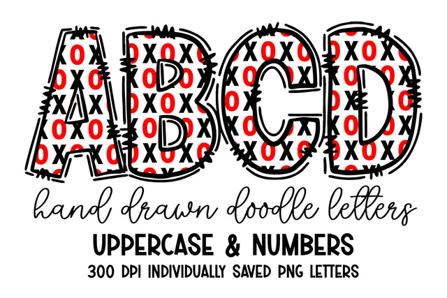XOXO Red And black Valentines Doodle Letter Alphabet Sublimation BijouBay 