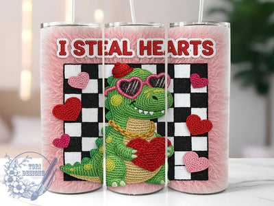 Yarn Texture Dino Valentine Tumbler, Cute Dino Heart Wrap, I Steal Hearts Cup, 20oz Sublimation Wrap, Stylish Valentine Design Tumbler, Artistic Dino Love Cup, Whimsical Yarn Valentine Theme Wrap Sublimation ToriDesigns 