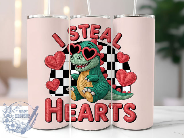 Yarn Texture Dino Valentine Tumbler, Cute Dino Heart Wrap, I Steal Hearts Cup, 20oz Sublimation Wrap, Stylish Valentine Design Tumbler, Artistic Dino Love Cup, Whimsical Yarn Valentine Theme Wrap Sublimation ToriDesigns 