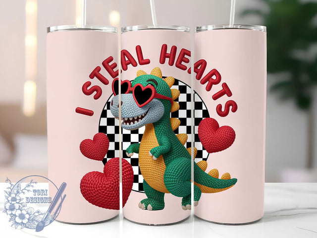 Yarn Texture Dino Valentine Tumbler, Cute Dino Heart Wrap, I Steal Hearts Cup, 20oz Sublimation Wrap, Stylish Valentine Design Tumbler, Artistic Dino Love Cup, Whimsical Yarn Valentine Theme Wrap Sublimation ToriDesigns 