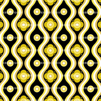 Yellow And Black Retro Seventies Flowers And Wavy Lines Pattern Digital Paper Digital Pattern Karma Genie Graphics 