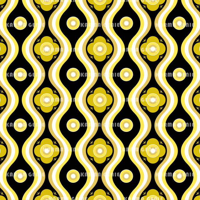 Yellow And Black Retro Seventies Flowers And Wavy Lines Pattern Digital Paper Digital Pattern Karma Genie Graphics 